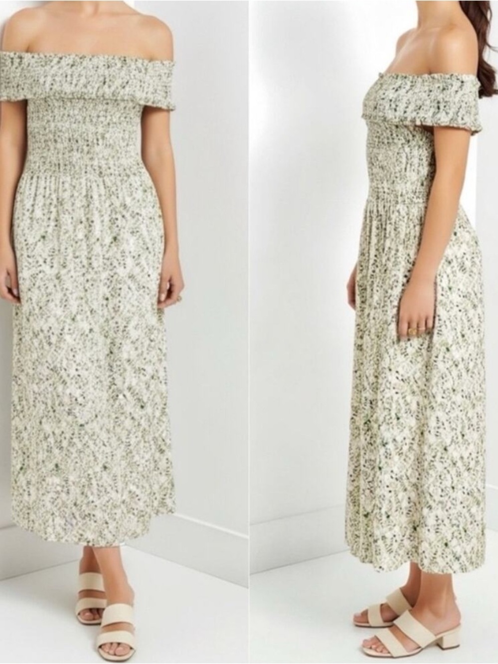 Off-Shoulder Smocked Midi Dress - Green Floral